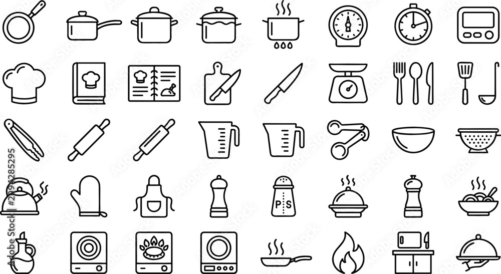 Naklejka premium Culinary Equipment and Kitchenware Line Icon Set Featuring Home Cooking Tools Chef Hats Recipe Books Pots Pans Measuring Cups and Food Preparation Symbols