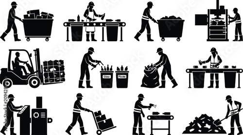 Photos Workers handling waste and recycling process