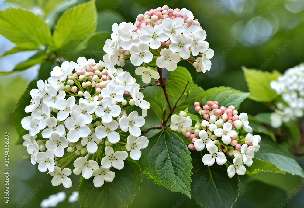 Obraz premium Close-up of blooming viburnum flowers with green leaves