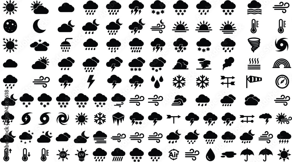 Obraz premium Weather icons set. Black climate symbols. Forecast UI design elements.