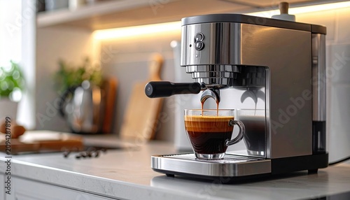 Capsule coffee machine: A modern capsule coffee machine brewing a hot cup of fresh espresso on a kitchen counter.