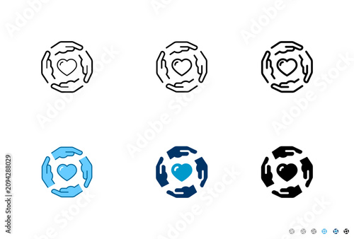 Community hands around heart line and solid icon set