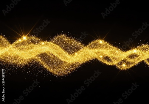 Shimmering waves of luxurious gold dust flow across the frame, featuring sparkling particles, radiant highlights, and glowing textures, luster, depth, richness