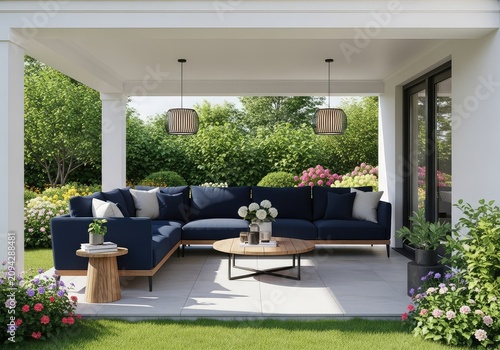 Sophisticated covered patio featuring a navy blue sectional sofa, a round timber coffee table, and stylish hanging lights in a garden, design, patio, contemporary
