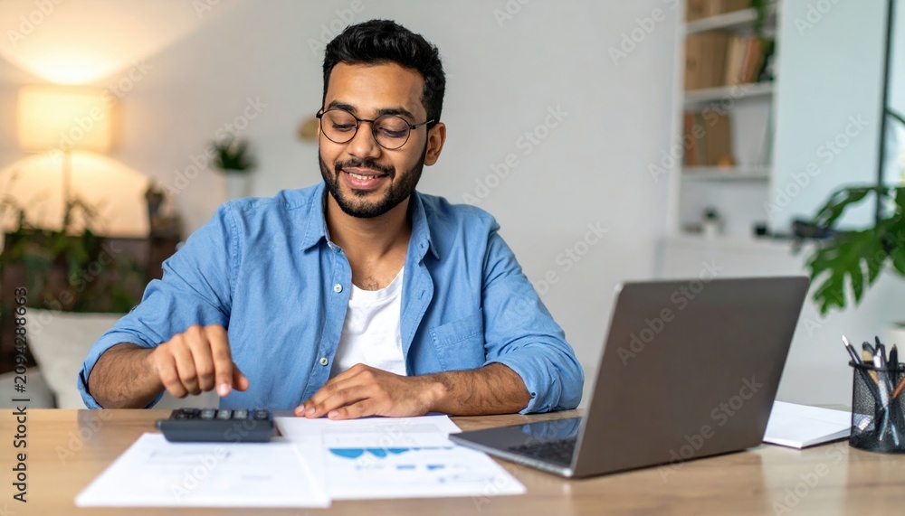 Obraz premium Person using calculator and laptop on desk with paperwork