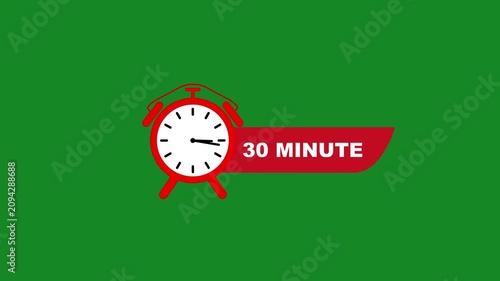 Red alarm clock with 30 minute on green background white clock face