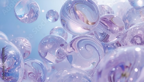 Abstract Translucent Glass Spheres with Metallic Swirls on Blue Purple Gradient Background Luxury 3D Render