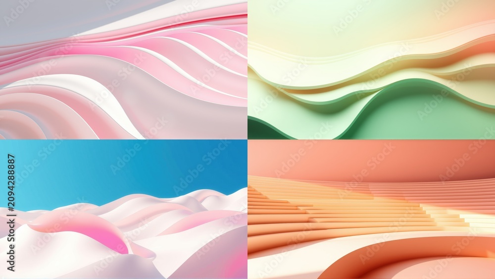 Fototapeta premium Abstract fluid shapes, soft colors, wavy patterns. Four panels display gentle curves, smooth textures, pastel tones. Minimalist design.
