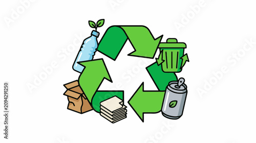Recycling symbol with plastic bottle can box paper and bin