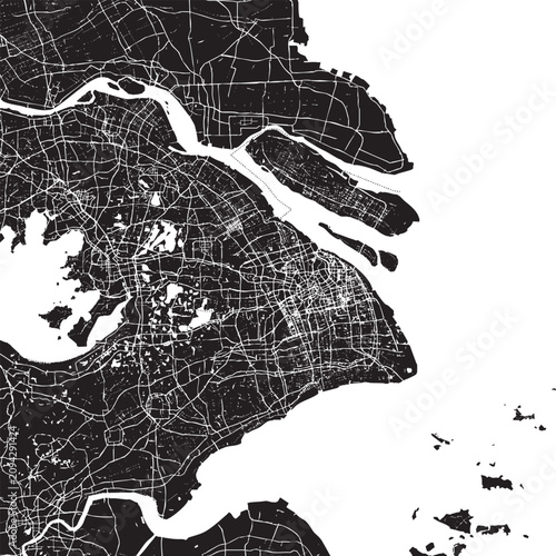 Photography Vector Street Map of Shanghai China – Black and White Minimalist City Road Map