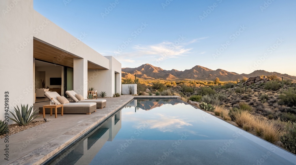 Fototapeta premium Modern desert home, infinity pool, desert landscape, outdoor living