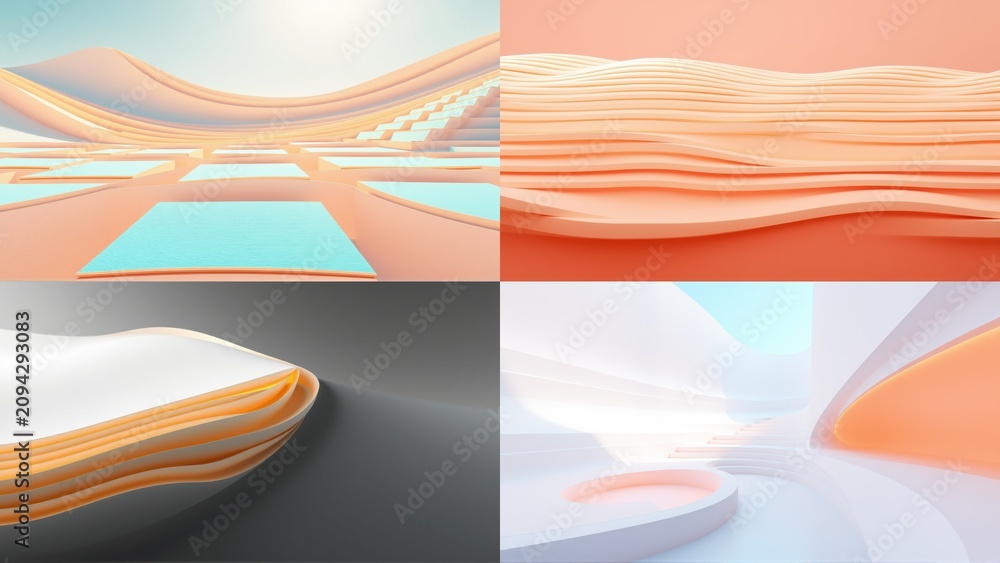 Fototapeta premium Abstract geometric shapes, soft colors, flowing lines. Minimalist design, modern aesthetic, light reflections, smooth surfaces.