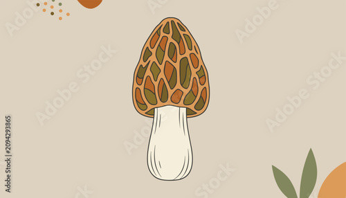 Detailed morel mushroom illustration with textured brown and green cap on a plain beige background with subtle decorative leaves.