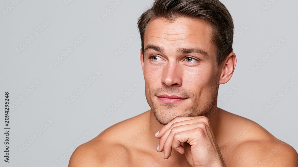 Fototapeta premium Natural beauty portrait of young man resting chin on hand cal