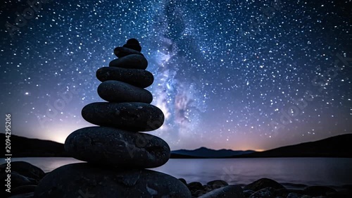 Tranquil Night Sky with Stacked Stones