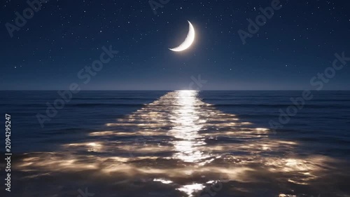 Tranquil Night Ocean Scene with Crescent Moon Reflections