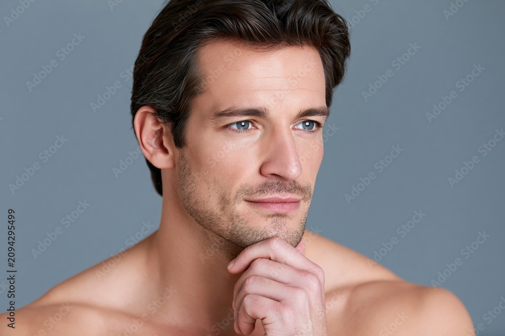 Fototapeta premium Natural beauty portrait of young man resting chin on hand cal