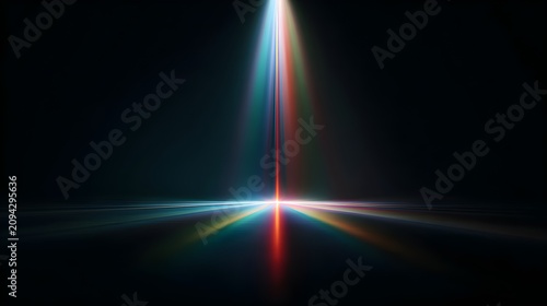 Luminous beam of light radiating in multiple colors against a dark background with multicolored light beam emanating single point dark surface