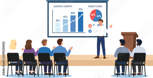 Business presentation vector illustration with speaker presenting financial charts quarterly growth and market share data statistics to audience