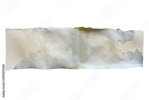 Vintage Piece of Torn Yellowed Paper Texture with Light Blue Ink Stain