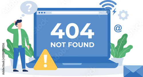 Website error 404 page not found vector illustration featuring confused character laptop flat screen alert sign and network connection problem elements
