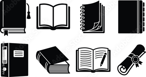 Photos Book and Education Icon Collection Featuring Hardcover Notebook Binder Diploma a