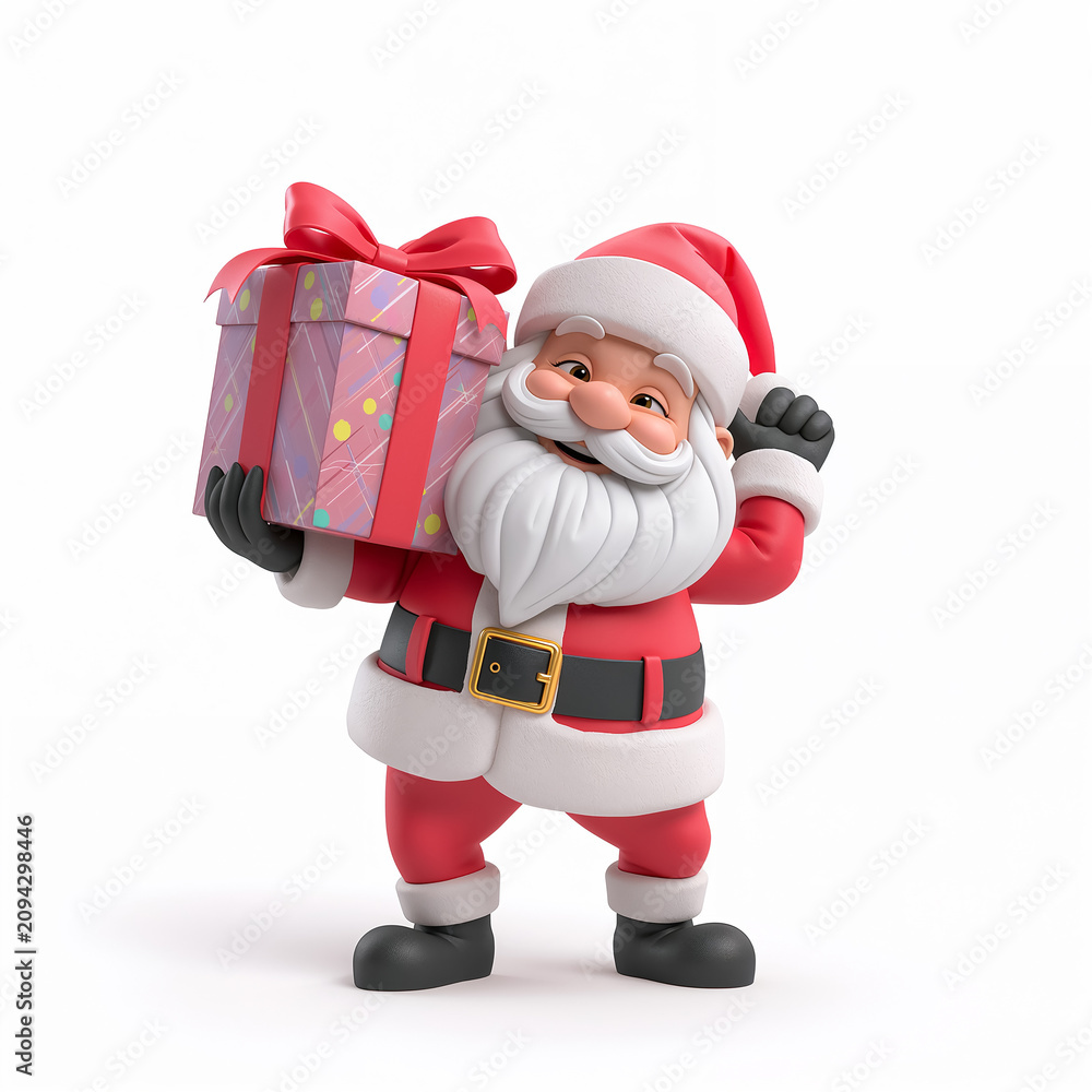 Fototapeta premium Funny cartoon Santa Claus with a gift box isolated on white background, 3D design