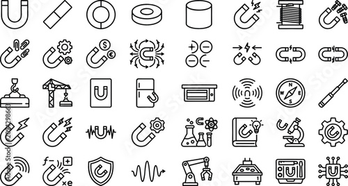 Tableau sur toile Magnetism and Electromagnetic Physics Line Icon Set Featuring Horseshoe Magnets