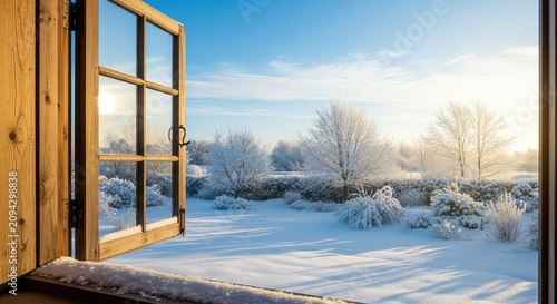 Looking out from an open wooden window into a peaceful winter garden blanketed in soft white snow under a clear and bright morning sky, frozen, morning, stillness