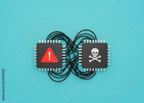 A serious vulnerability and risk of hacking. A system or microchip security issue. Concepts of cyber risk management, IT infrastructure security and digital resilience.