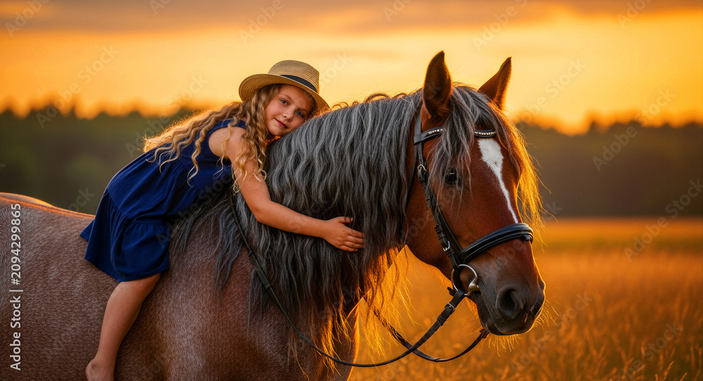 Obraz premium Young girl hugging her horse in a field at sunset. Child wearing a straw hat leans against the animal's mane in the golden hour light. Equestrian friendship concept ideal for rural marketing.
