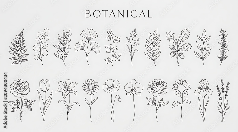 Fototapeta premium Set of botanical line hand-drawn floral and leaf on light background, line flowers