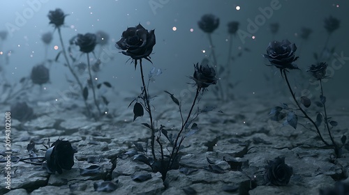 Dark mystical roses growing in dry cracked earth with a magical atmosphere