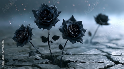 Dark roses on cracked earth with mysterious fog and particles