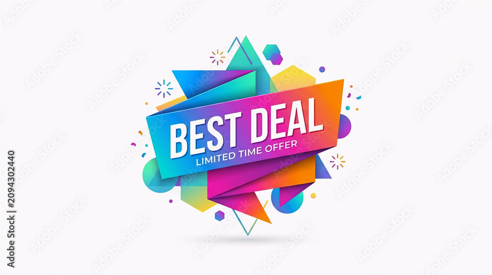Naklejka premium A dynamic and colorful abstract geometric promotional banner featuring multi-layered origami vector shapes with the sale text 
