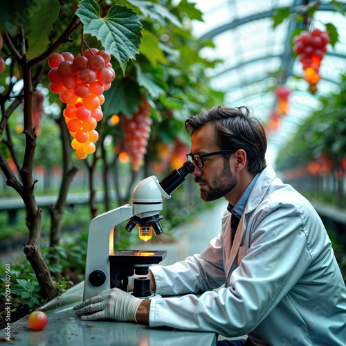 Male scientist using microscope in greenhouse with hanging red grapes.