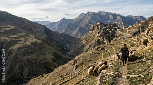 Shepherd leading a flock of sheep on a rugged mountain path