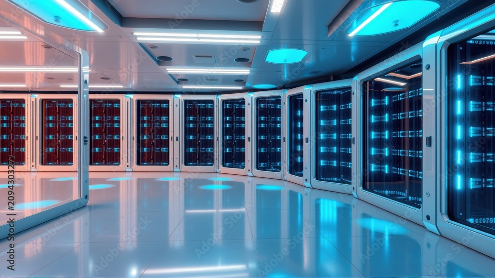 Naklejka premium Futuristic server room. Rows racks glow blue, red. Reflective floor creates symmetrical visual effect. Clean, modern design.