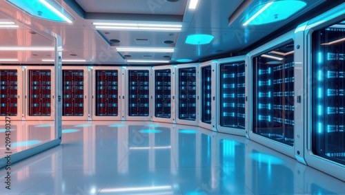 Futuristic server room. Rows racks glow blue, red. Reflective floor creates symmetrical visual effect. Clean, modern design.