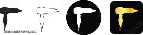 Foto Professional hair dryer blowdryer icon set containing outline silhouette and gol