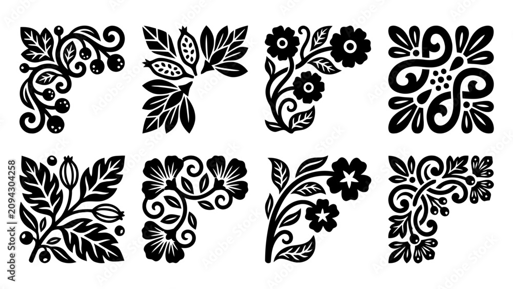 Fototapeta premium Assortment of decorative black floral corner ornaments with elegant designs