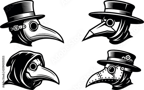 Bild auf Leinwand Plague doctor mask icon set with vintage black and white medieval physician bird