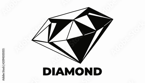 Tableau sur toile Very beautiful black and white realistic vector illustration of a raw diamond crystal featuring engraved crystal facets with a bold label reading DIAMOND, isolated on white background