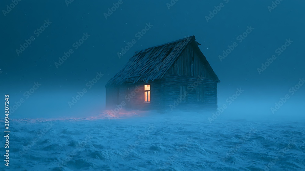 Obraz premium Cozy cabin with glowing window in snowy night landscape