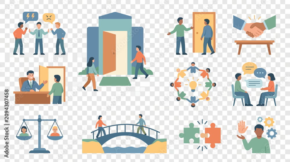 Naklejka premium Human interaction icons depict various social situations and professional negotiations in a flat style.