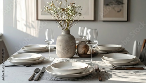 Table preparation for family dinner with stylish tableware and minimalist decor