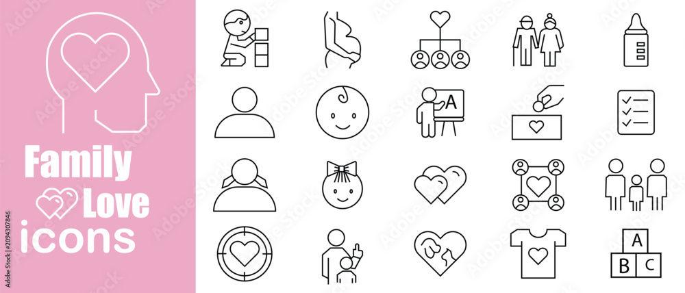 Naklejka premium Family and Love line editable icons vector set, Affection outline icon set, Volunteering icons and Family silhouette vector illustration.