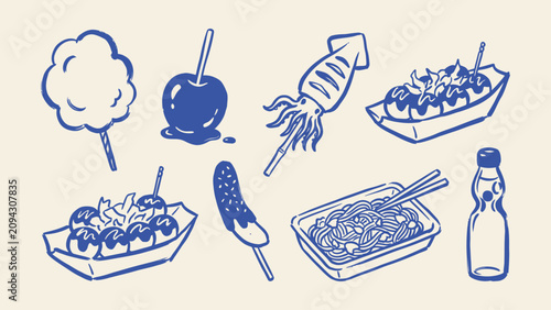 Bild auf Leinwand Japanese festival street food vector illustration set featuring takoyaki yakisob