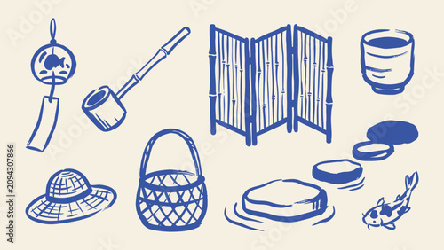 Canvas Print Japanese traditional garden elements vector illustration set with wind chime bam