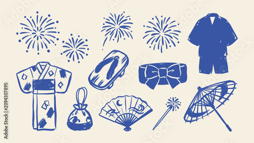 Japanese summer festival vector illustration set with yukata jinbei geta folding fan and fireworks in blue brush stroke style